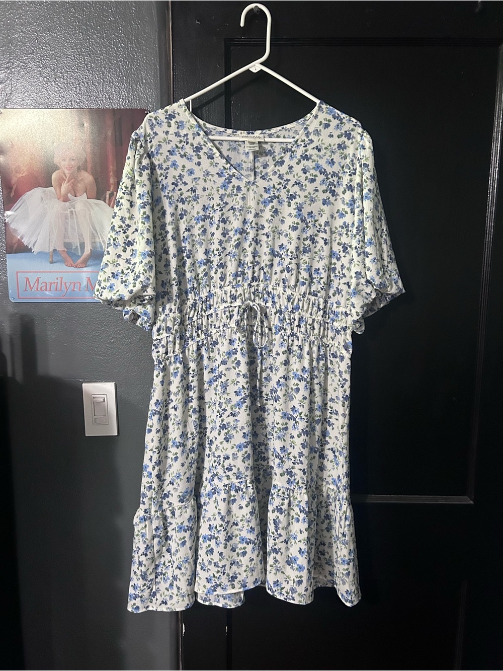 Light Blue Floral Casual Tiered Dress with Drawstring Waist